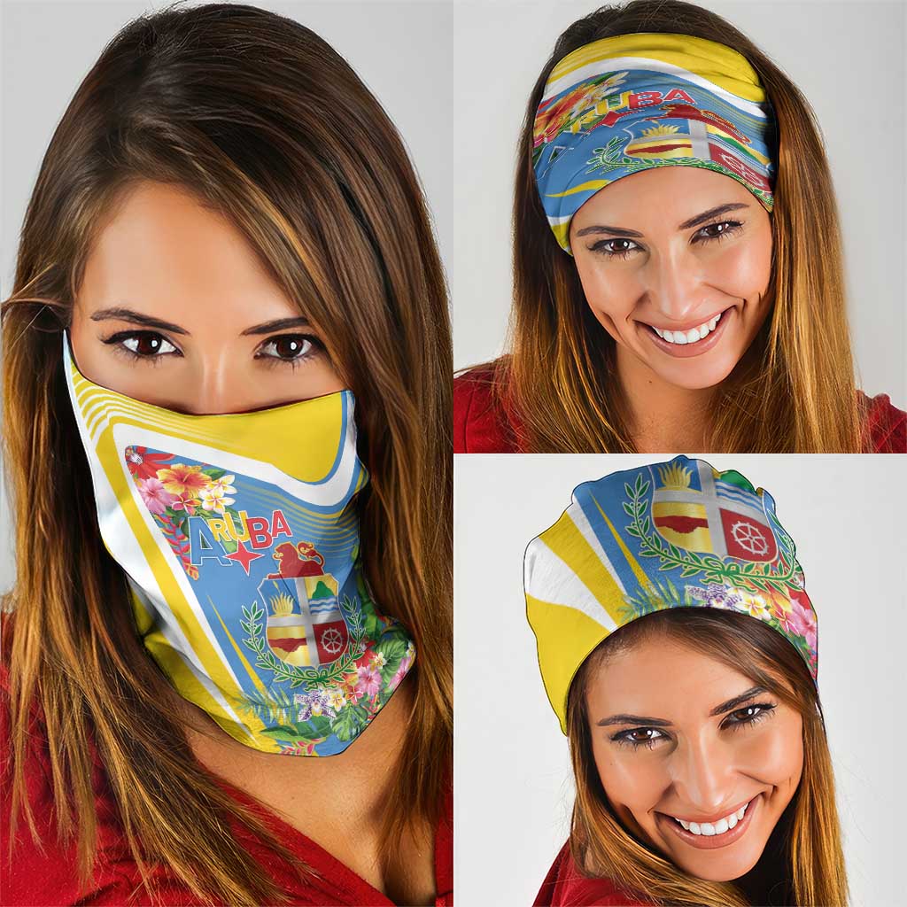 Aruba Neck Gaiter Coat Of Arms With Tropical Flowers