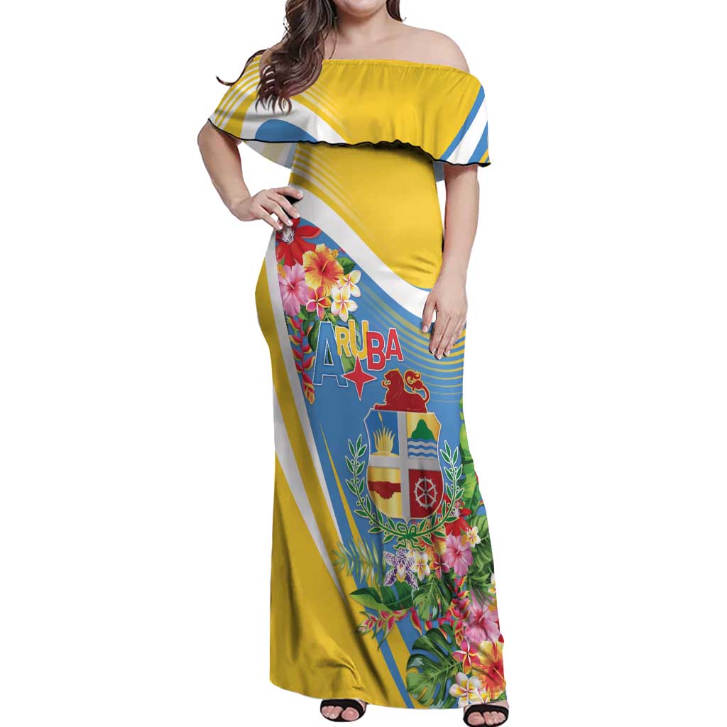 Aruba Off Shoulder Maxi Dress Coat Of Arms With Tropical Flowers