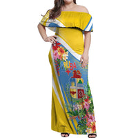 Aruba Off Shoulder Maxi Dress Coat Of Arms With Tropical Flowers