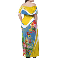 Aruba Off Shoulder Maxi Dress Coat Of Arms With Tropical Flowers