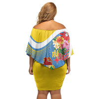 Aruba Off Shoulder Short Dress Coat Of Arms With Tropical Flowers