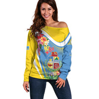 Aruba Off Shoulder Sweater Coat Of Arms With Tropical Flowers