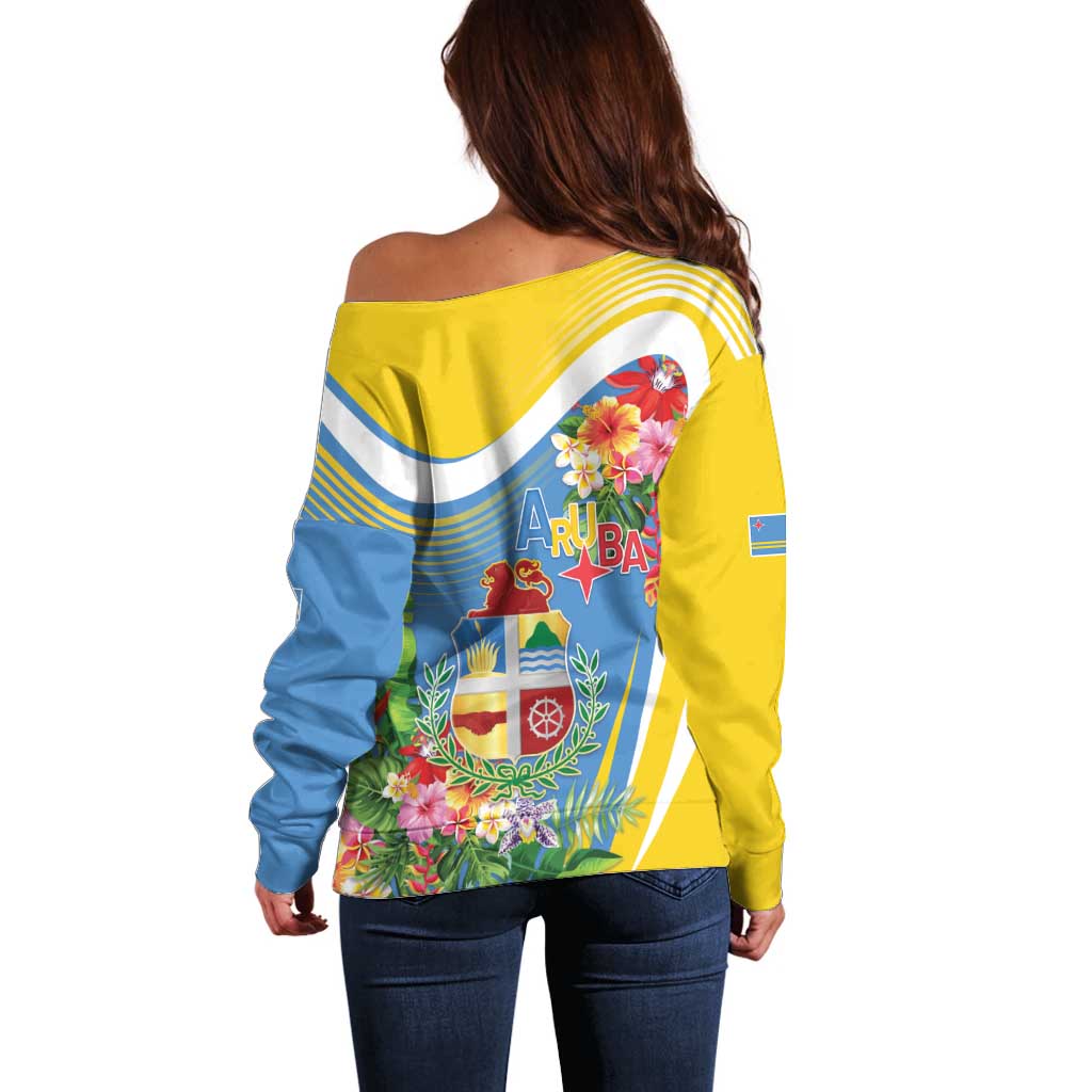 Aruba Off Shoulder Sweater Coat Of Arms With Tropical Flowers