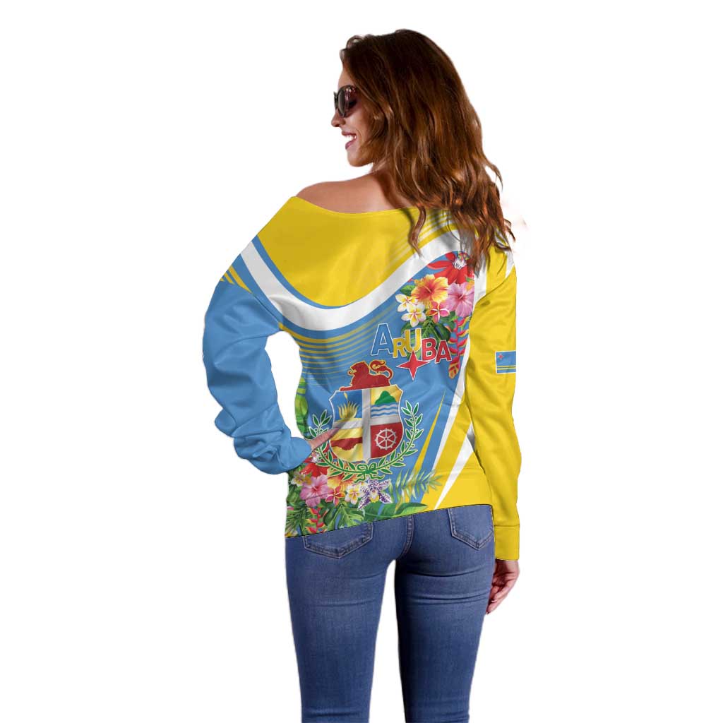Aruba Off Shoulder Sweater Coat Of Arms With Tropical Flowers