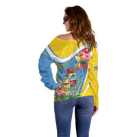 Aruba Off Shoulder Sweater Coat Of Arms With Tropical Flowers