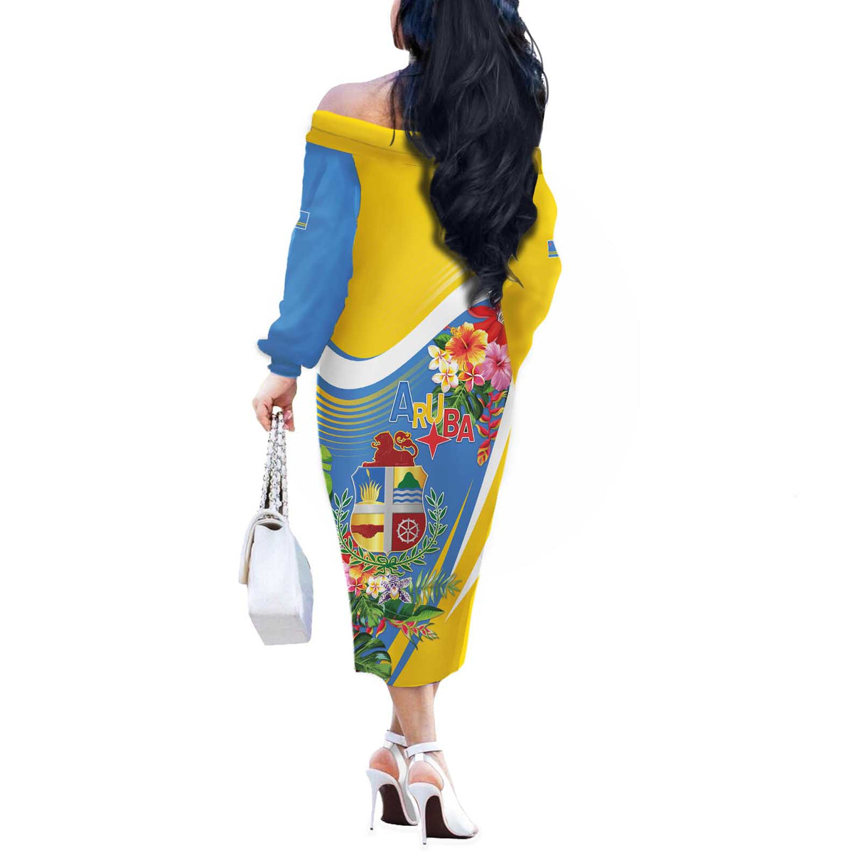 Aruba Off The Shoulder Long Sleeve Dress Coat Of Arms With Tropical Flowers