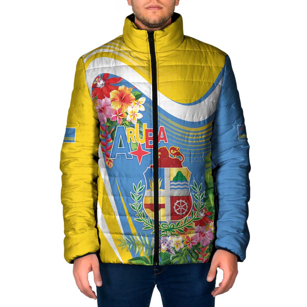 Aruba Padded Jacket Coat Of Arms With Tropical Flowers
