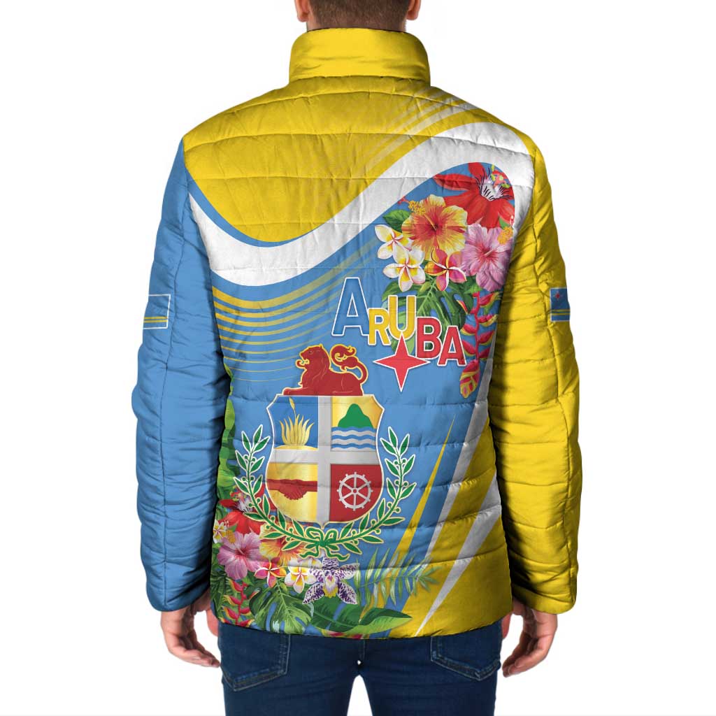 Aruba Padded Jacket Coat Of Arms With Tropical Flowers