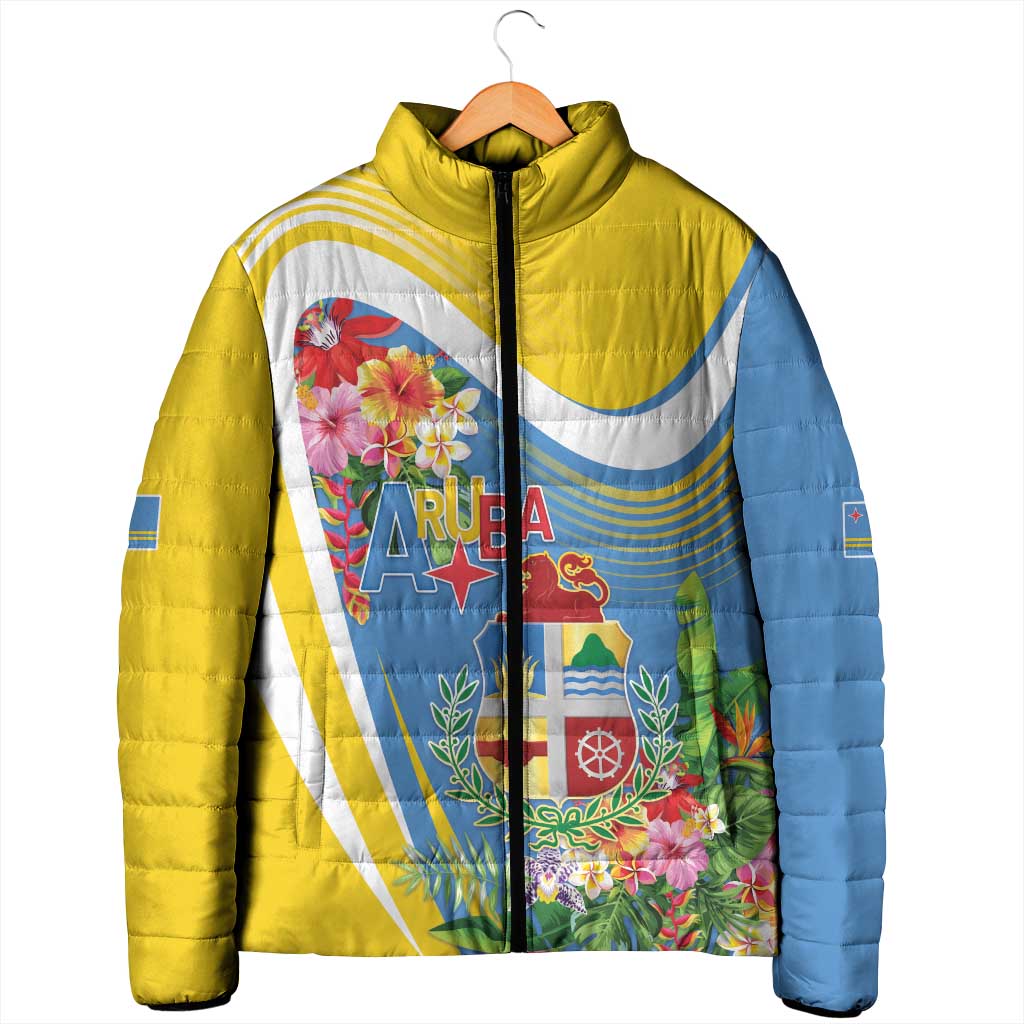 Aruba Padded Jacket Coat Of Arms With Tropical Flowers