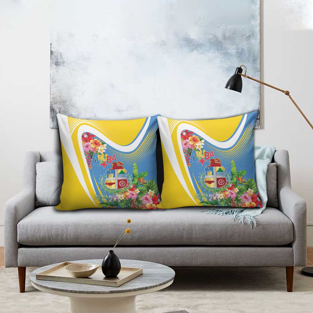 Aruba Pillow Cover Coat Of Arms With Tropical Flowers