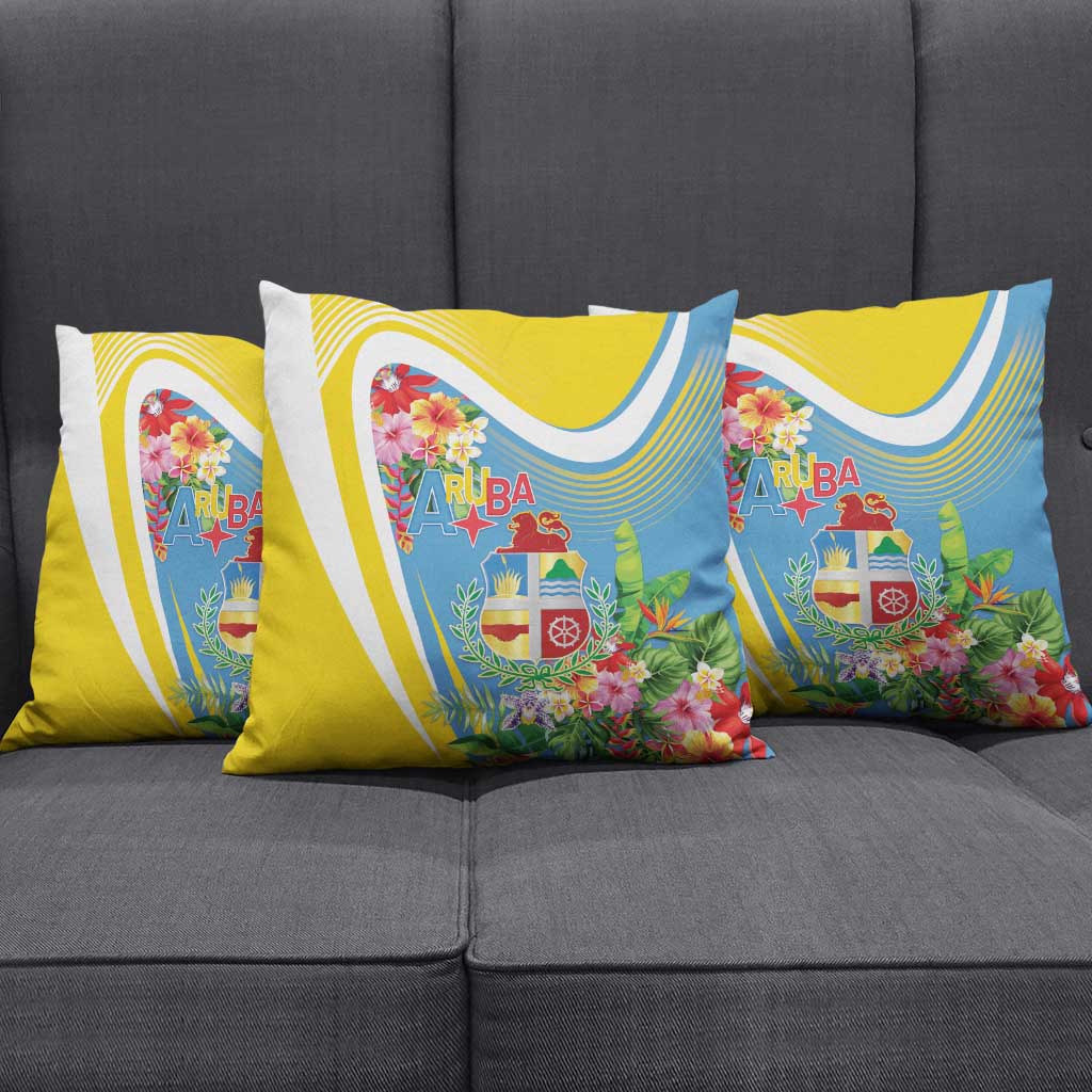 Aruba Pillow Cover Coat Of Arms With Tropical Flowers