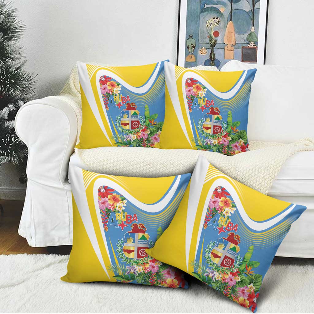 Aruba Pillow Cover Coat Of Arms With Tropical Flowers