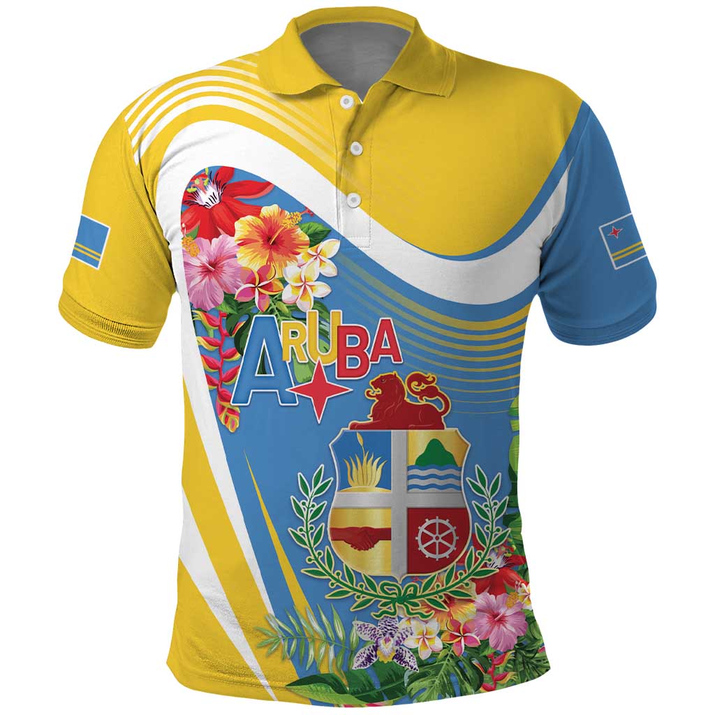 Aruba Polo Shirt Coat Of Arms With Tropical Flowers