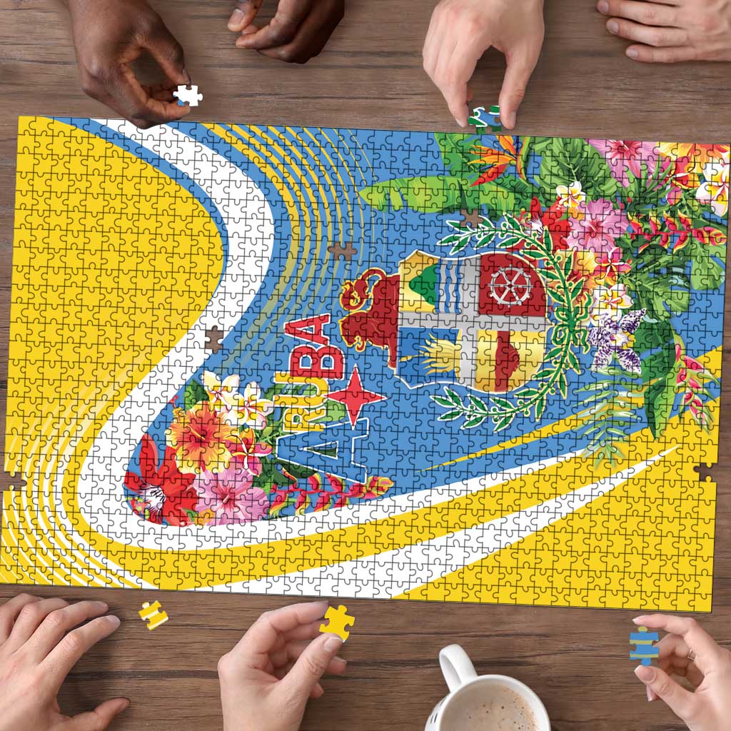 Aruba Puzzle Coat Of Arms With Tropical Flowers
