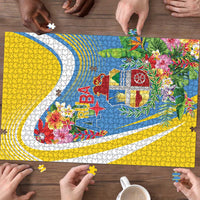Aruba Puzzle Coat Of Arms With Tropical Flowers