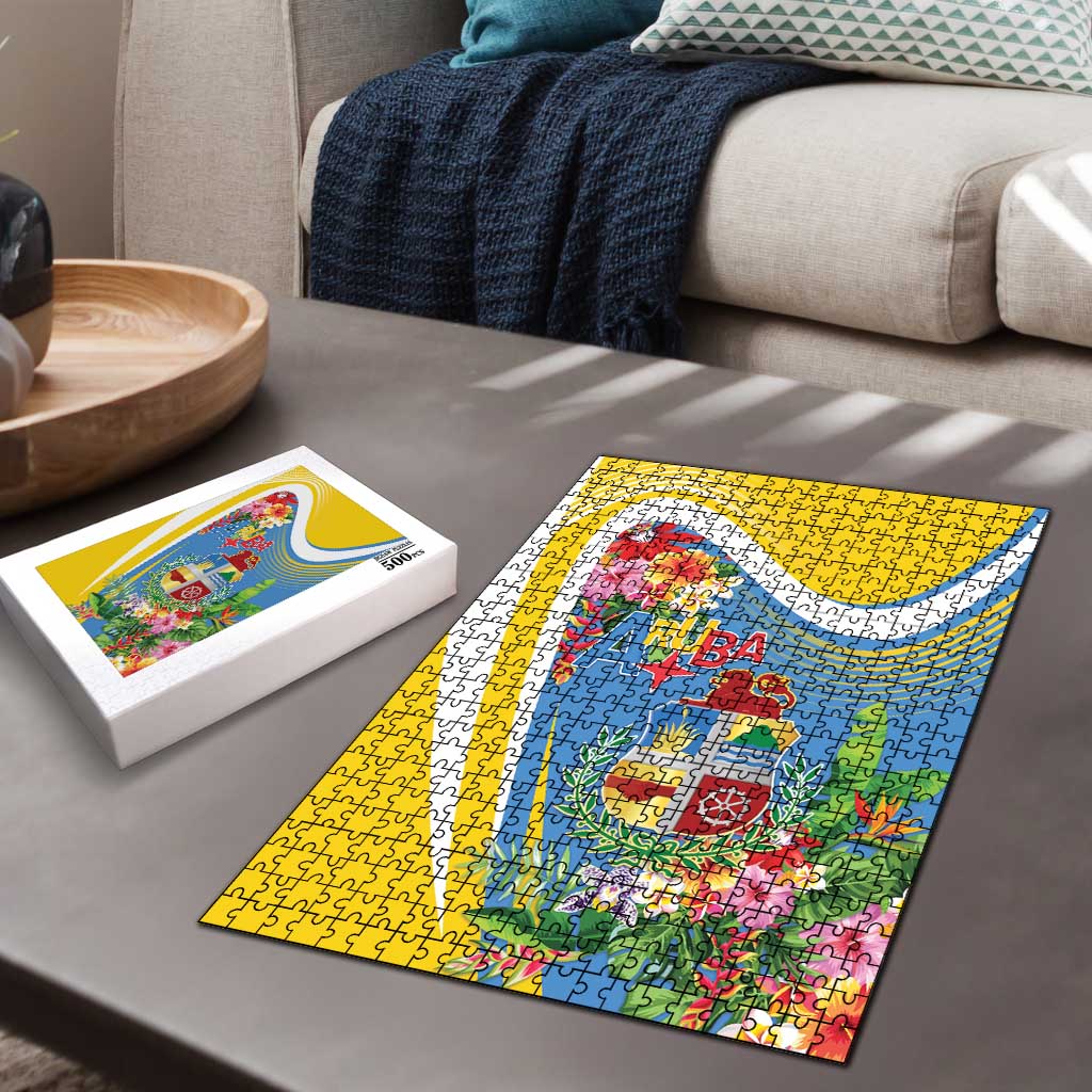Aruba Puzzle Coat Of Arms With Tropical Flowers