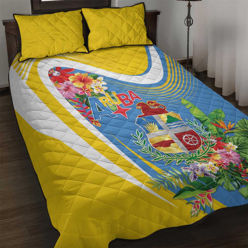 Aruba Quilt Bed Set Coat Of Arms With Tropical Flowers