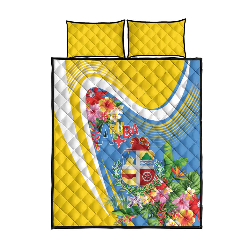 Aruba Quilt Bed Set Coat Of Arms With Tropical Flowers