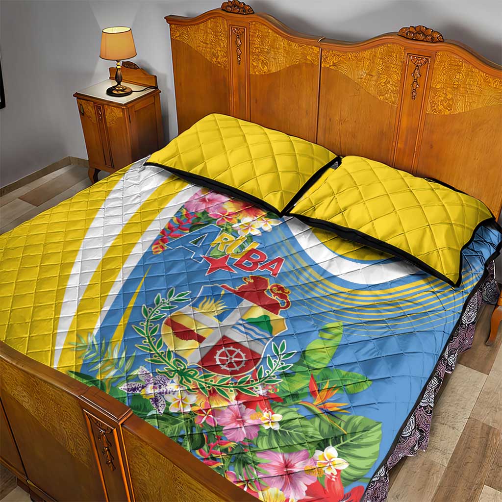 Aruba Quilt Bed Set Coat Of Arms With Tropical Flowers
