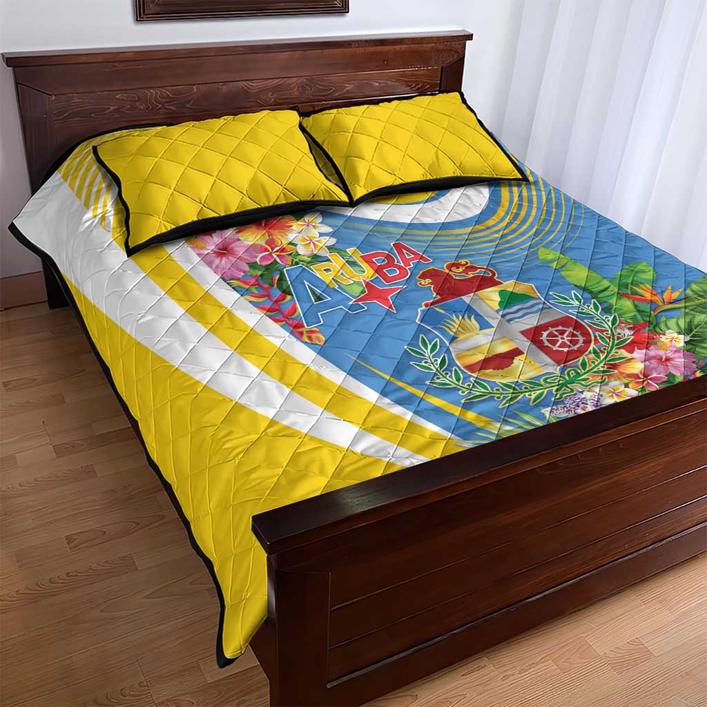 Aruba Quilt Bed Set Coat Of Arms With Tropical Flowers