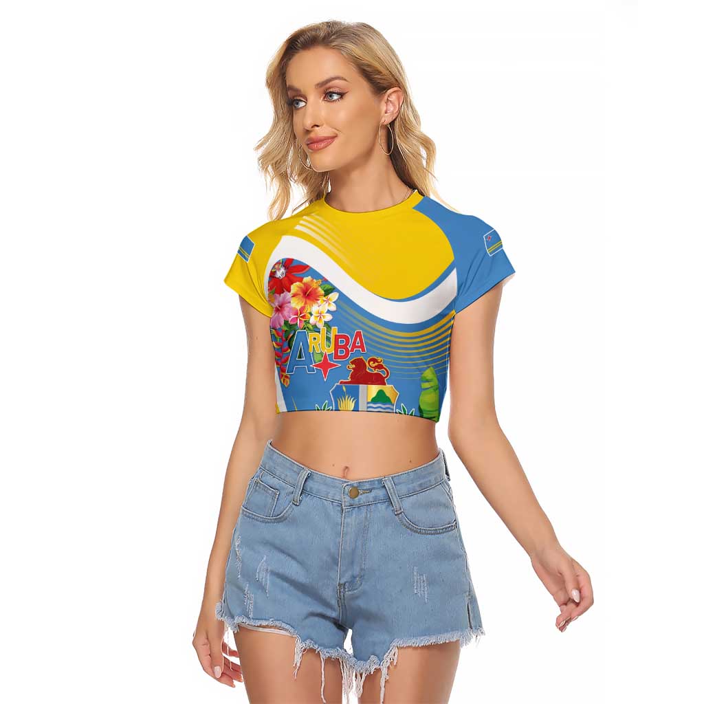 Aruba Raglan Cropped T Shirt Coat Of Arms With Tropical Flowers