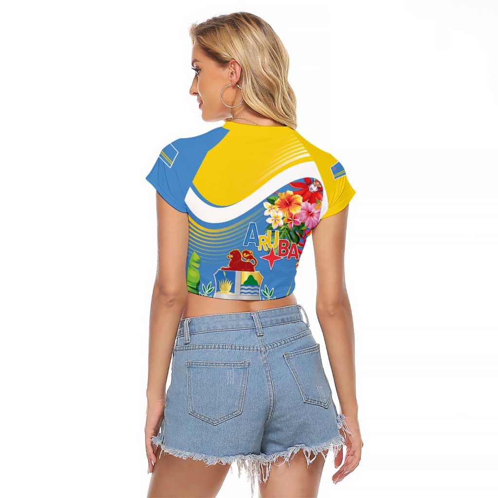 Aruba Raglan Cropped T Shirt Coat Of Arms With Tropical Flowers