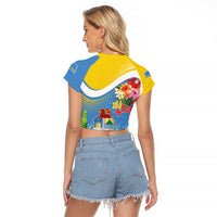 Aruba Raglan Cropped T Shirt Coat Of Arms With Tropical Flowers