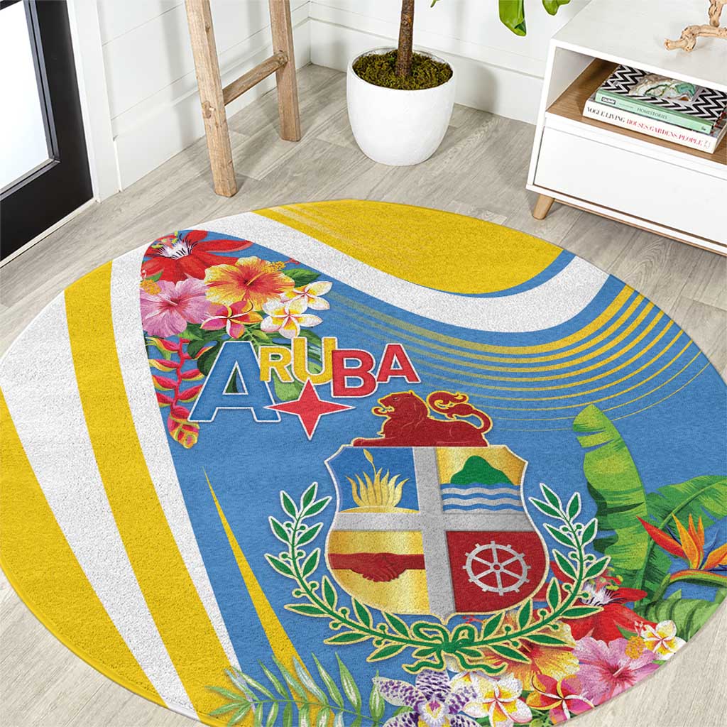 Aruba Round Carpet Coat Of Arms With Tropical Flowers