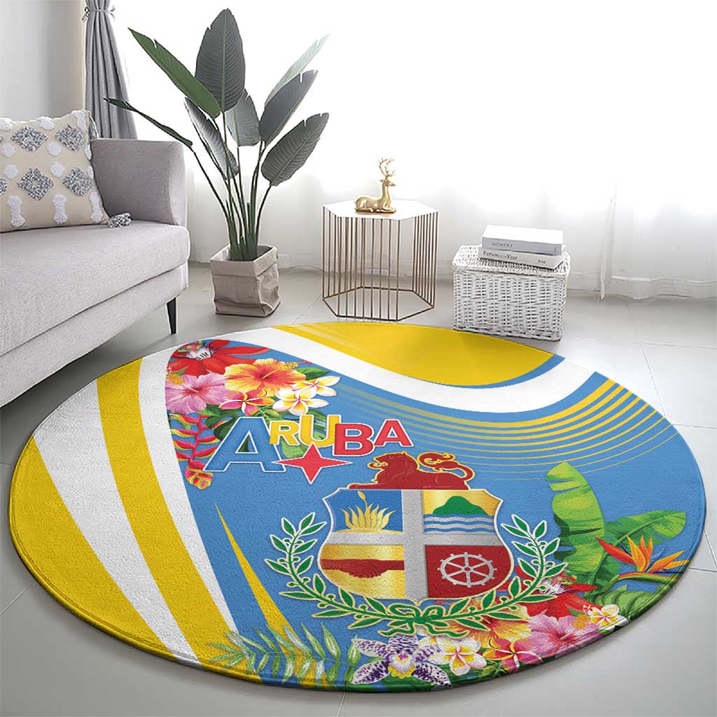 Aruba Round Carpet Coat Of Arms With Tropical Flowers
