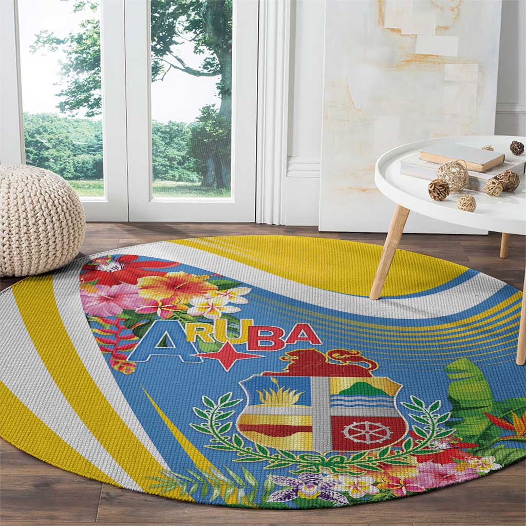 Aruba Round Carpet Coat Of Arms With Tropical Flowers