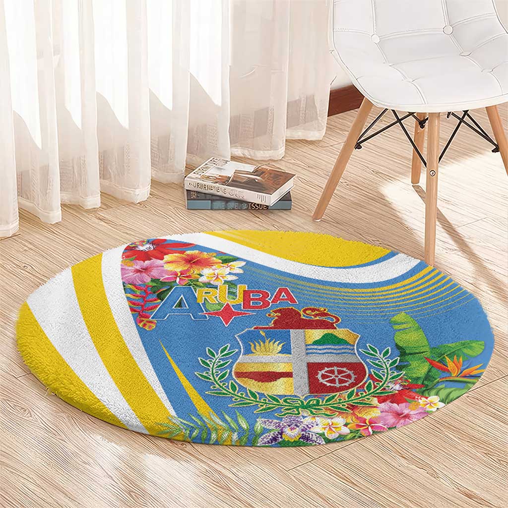 Aruba Round Carpet Coat Of Arms With Tropical Flowers