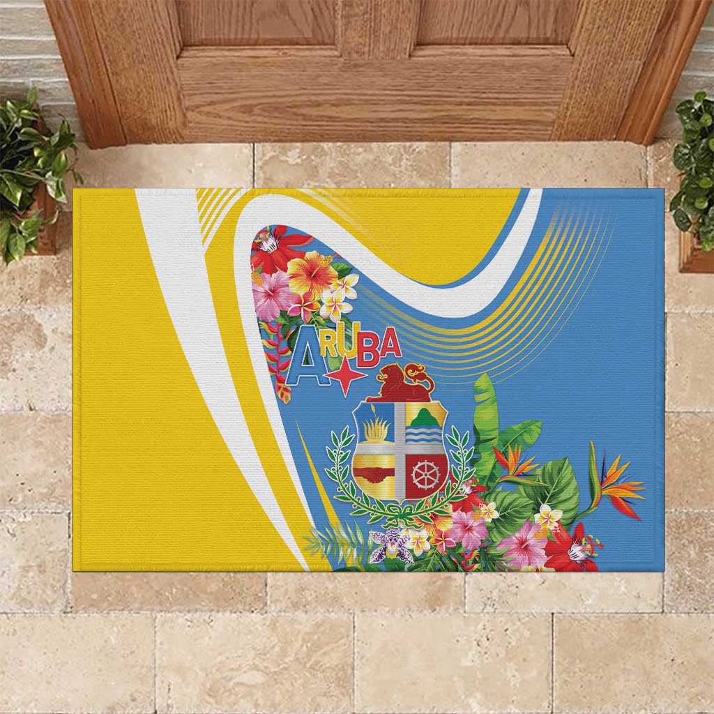 Aruba Rubber Doormat Coat Of Arms With Tropical Flowers