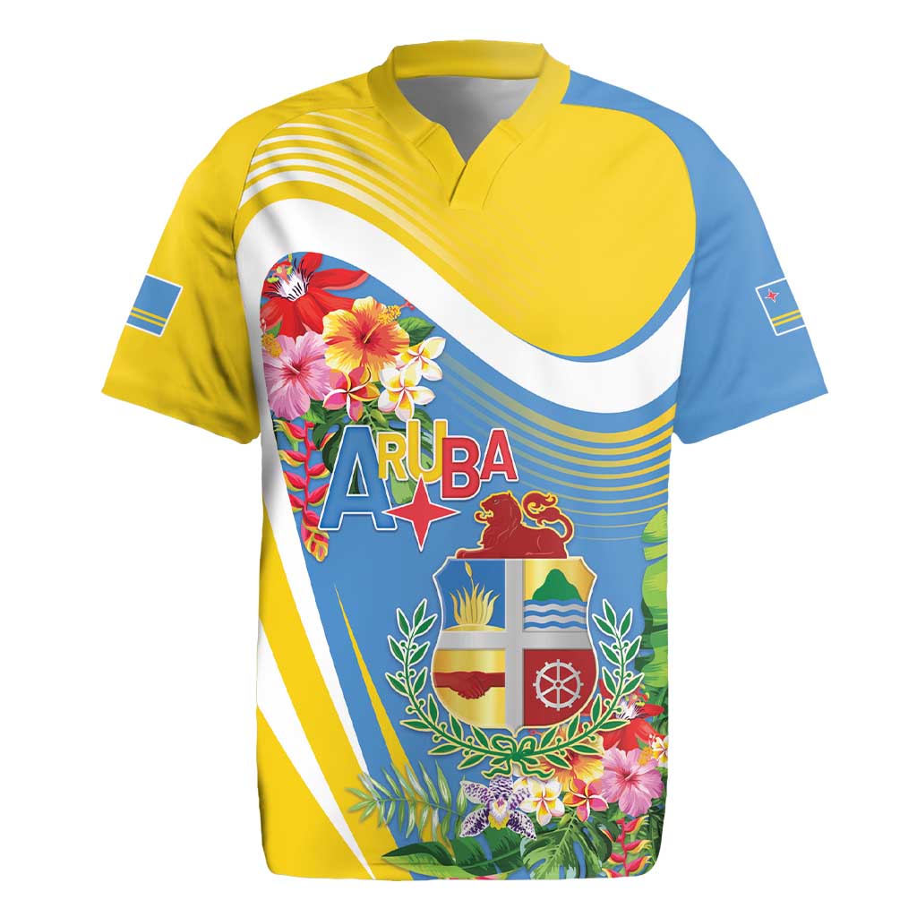 Aruba Rugby Jersey Coat Of Arms With Tropical Flowers