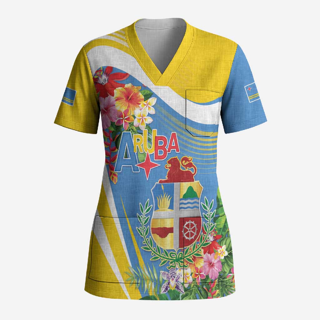 Aruba Scrub Top Coat Of Arms With Tropical Flowers