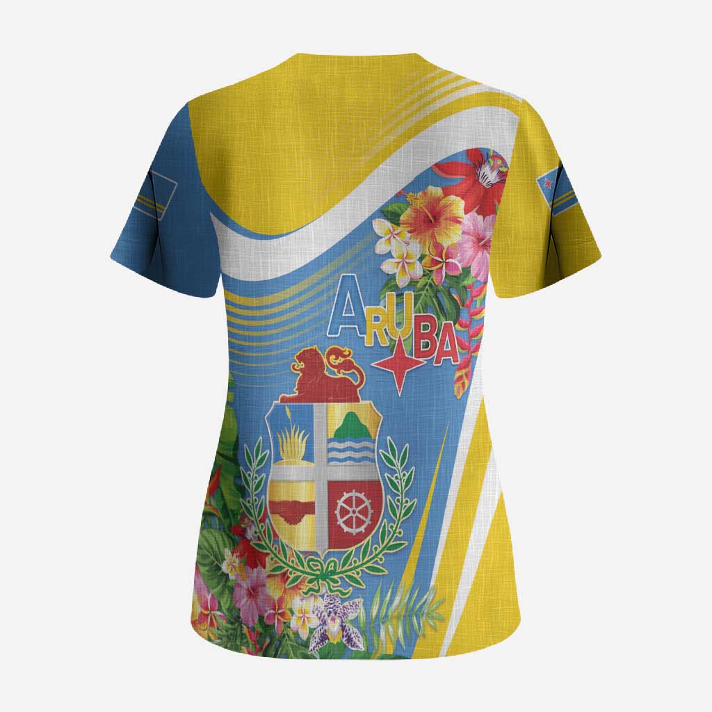 Aruba Scrub Top Coat Of Arms With Tropical Flowers