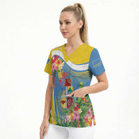 Aruba Scrub Top Coat Of Arms With Tropical Flowers
