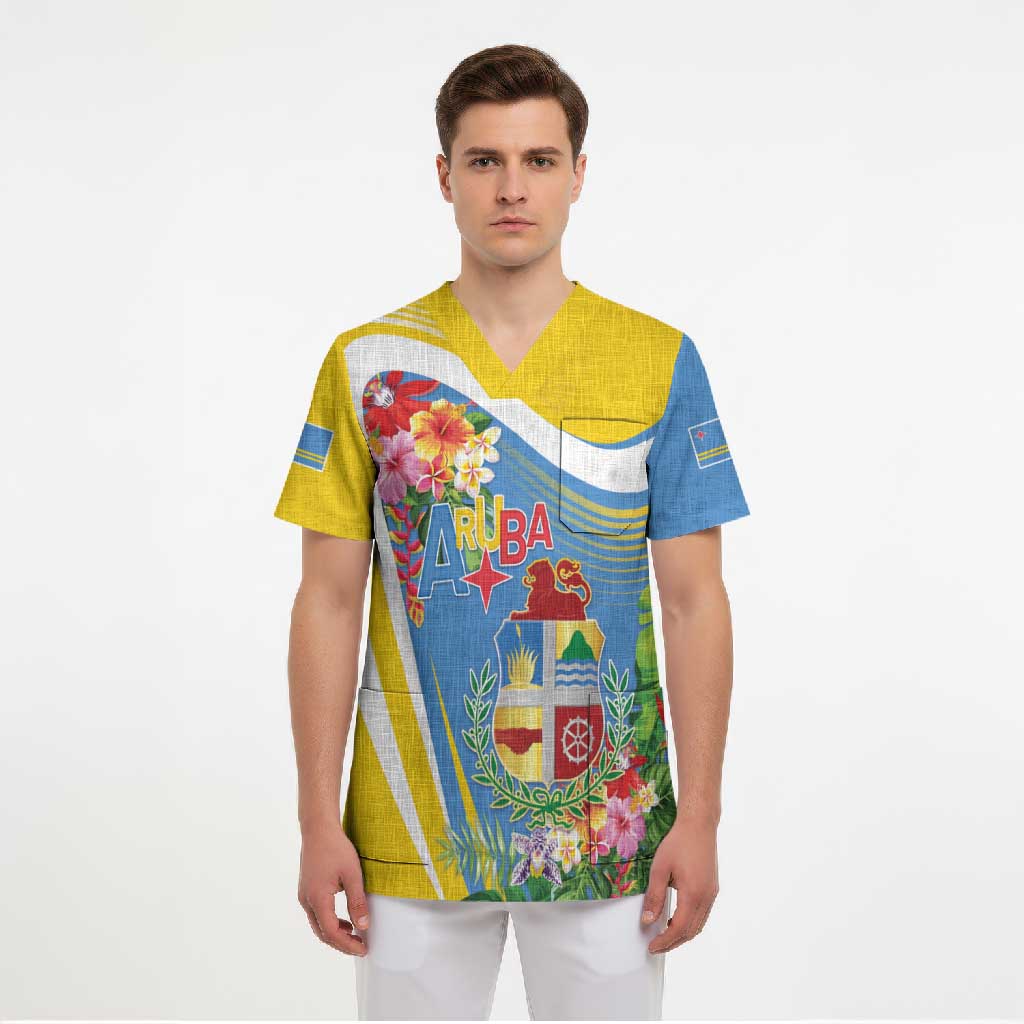 Aruba Scrub Top Coat Of Arms With Tropical Flowers