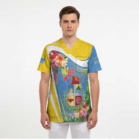 Aruba Scrub Top Coat Of Arms With Tropical Flowers
