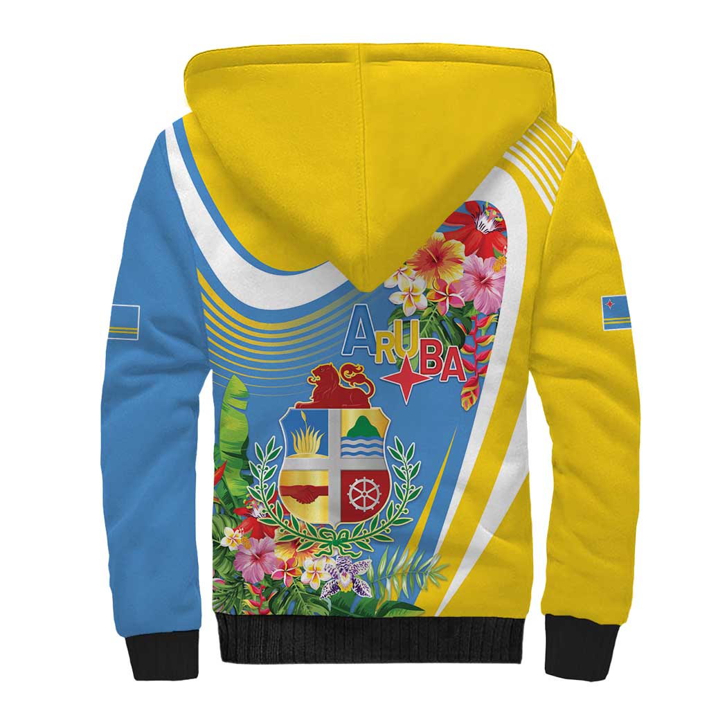 Aruba Sherpa Hoodie Coat Of Arms With Tropical Flowers