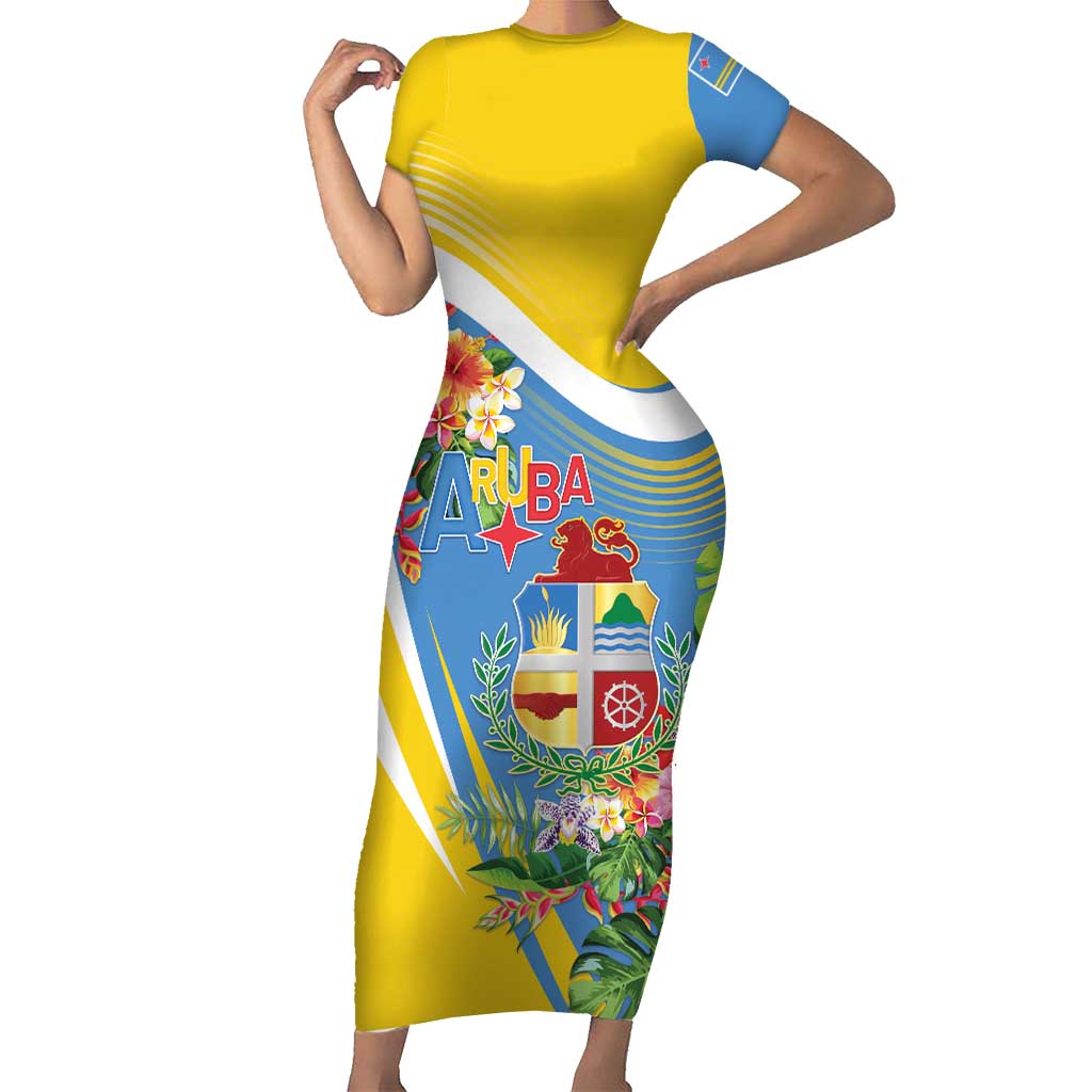 Aruba Short Sleeve Bodycon Dress Coat Of Arms With Tropical Flowers
