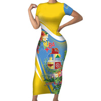 Aruba Short Sleeve Bodycon Dress Coat Of Arms With Tropical Flowers