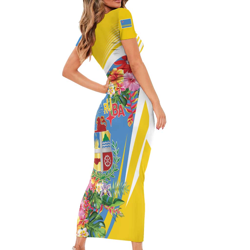 Aruba Short Sleeve Bodycon Dress Coat Of Arms With Tropical Flowers