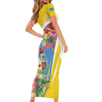 Aruba Short Sleeve Bodycon Dress Coat Of Arms With Tropical Flowers