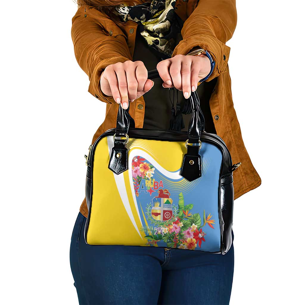 Aruba Shoulder Handbag Coat Of Arms With Tropical Flowers