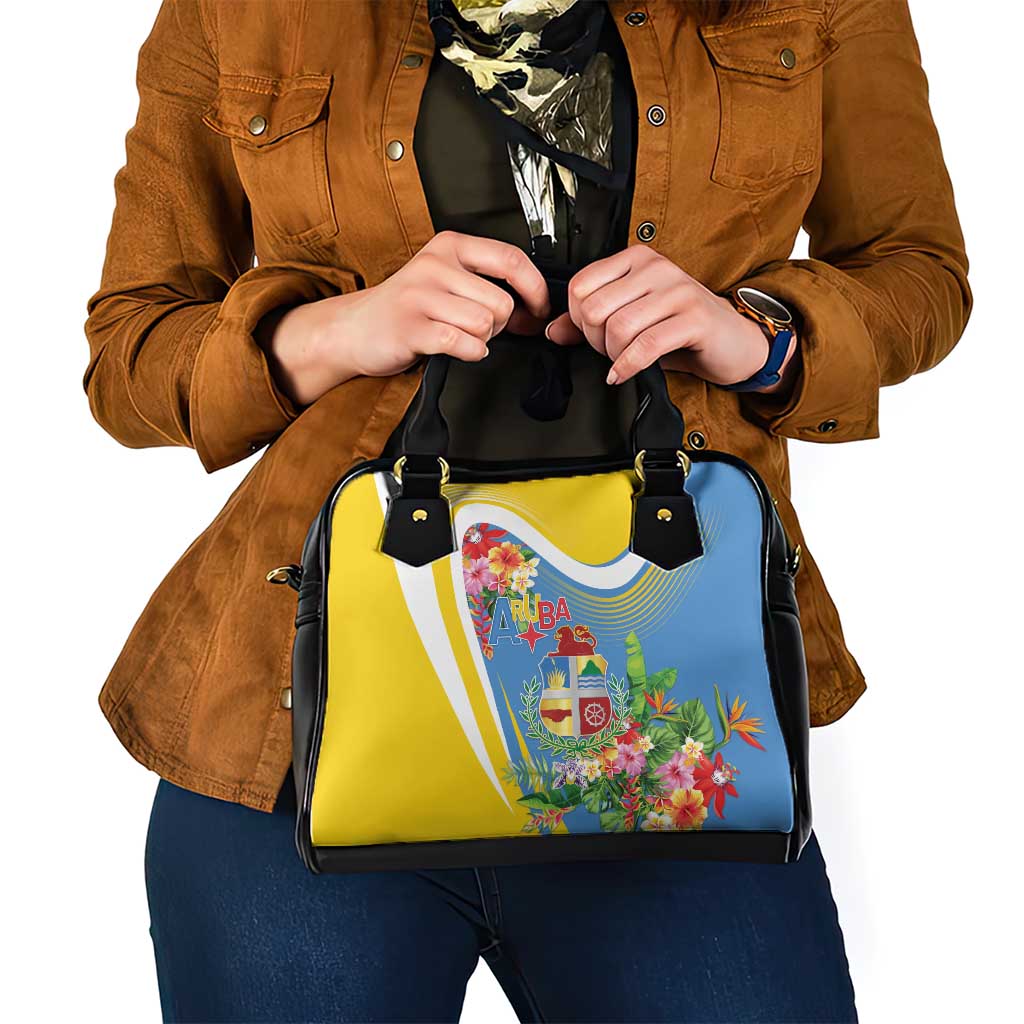 Aruba Shoulder Handbag Coat Of Arms With Tropical Flowers