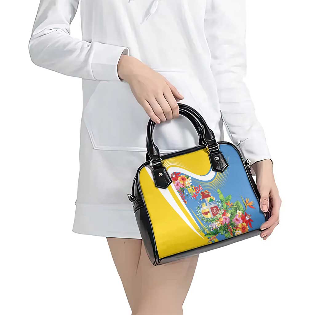 Aruba Shoulder Handbag Coat Of Arms With Tropical Flowers