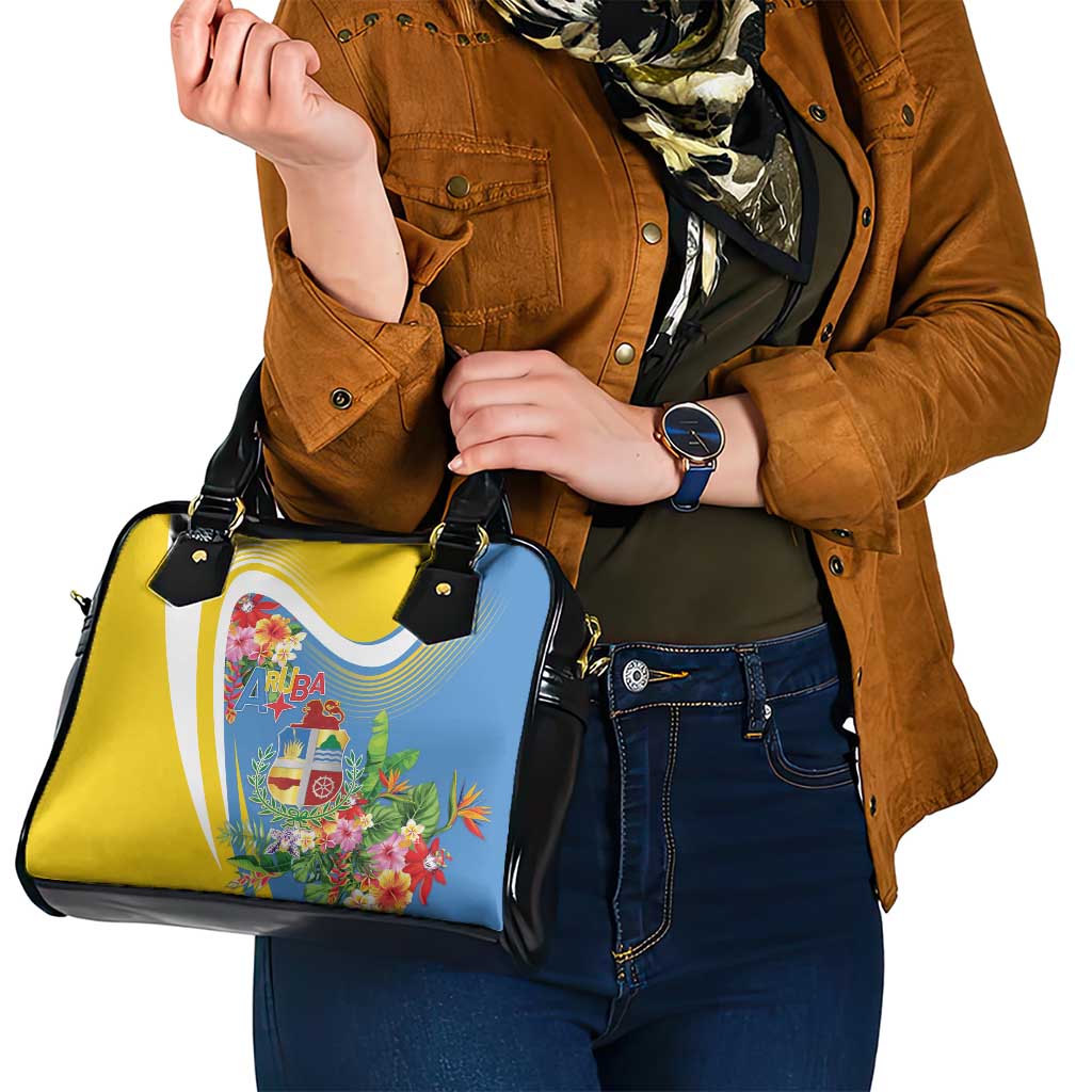 Aruba Shoulder Handbag Coat Of Arms With Tropical Flowers