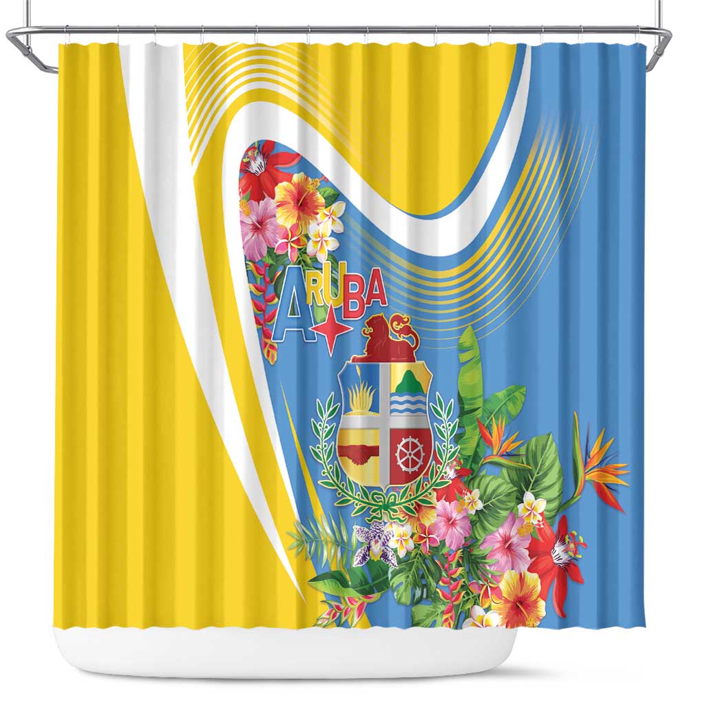 Aruba Shower Curtain Coat Of Arms With Tropical Flowers