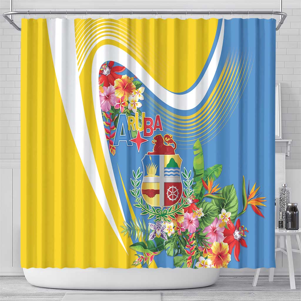 Aruba Shower Curtain Coat Of Arms With Tropical Flowers