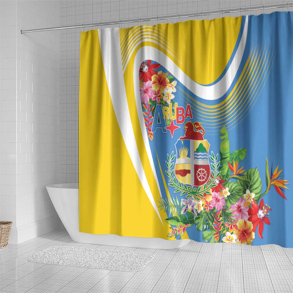 Aruba Shower Curtain Coat Of Arms With Tropical Flowers